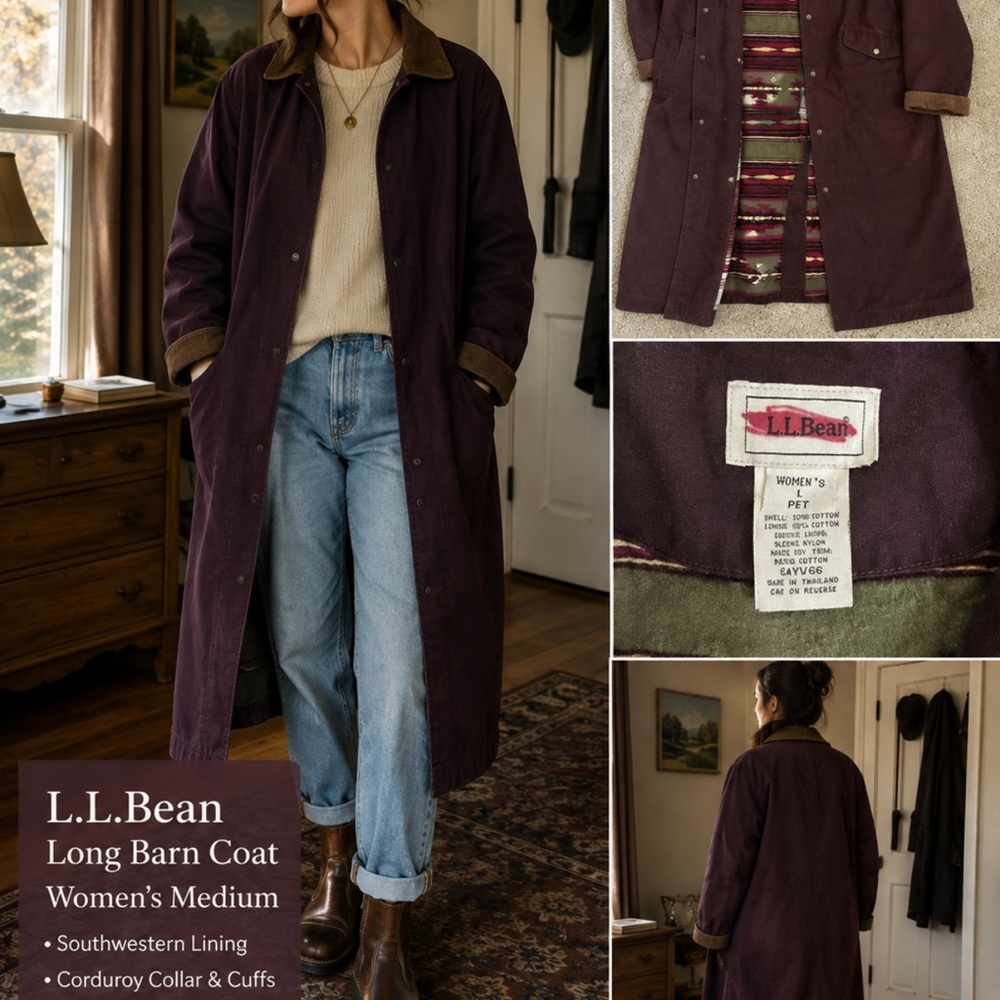 L.L. Bean Women's Long Trench Coat in Deep Plum with Corduroy Trim